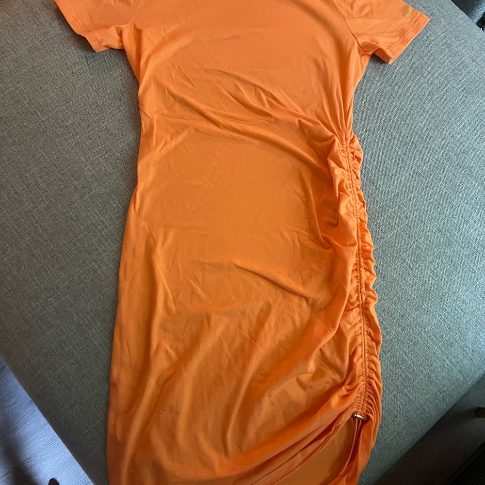 Michael Kors Orange Asymmetrical Ruched Bodycon Dress
